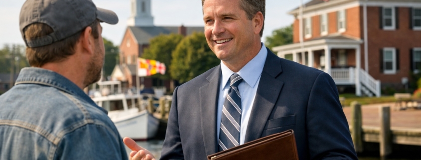 Attorney consults client by waterfront