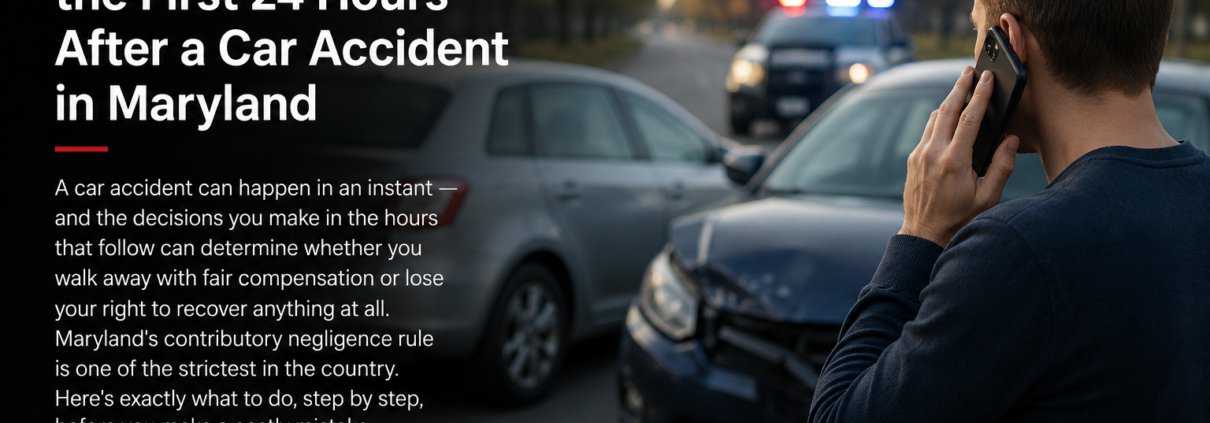 Man speaking on a phone beside damaged vehicles after a car accident in Maryland with police lights in the background.