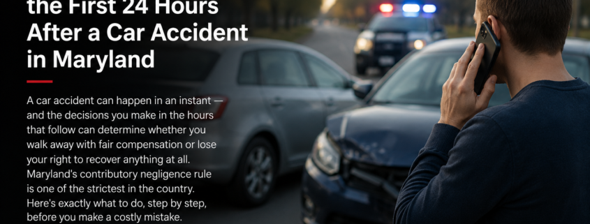 Man speaking on a phone beside damaged vehicles after a car accident in Maryland with police lights in the background.