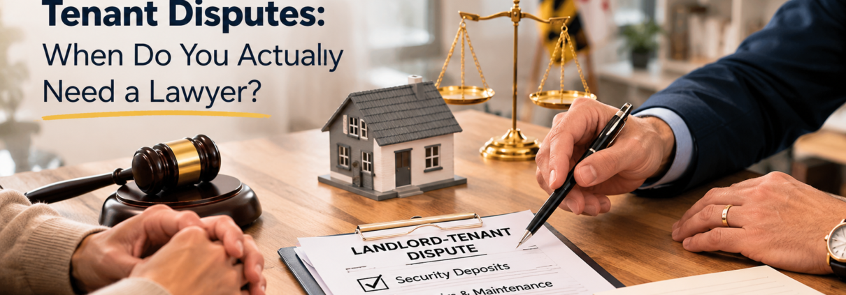 Tenant and landlord reviewing eviction and security deposit documents during a housing dispute consultation in Maryland.