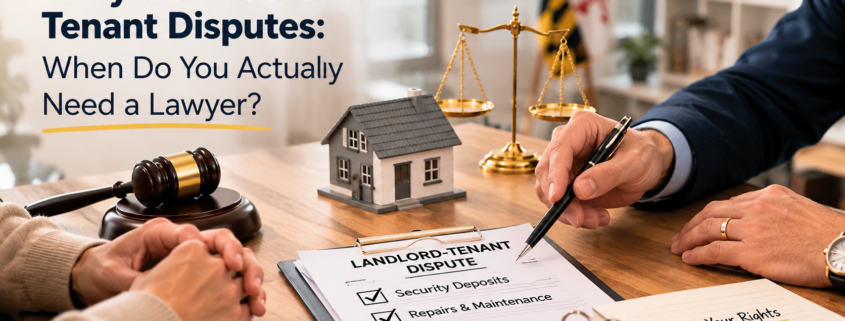 Tenant and landlord reviewing eviction and security deposit documents during a housing dispute consultation in Maryland.