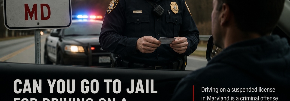 Maryland police officer conducting a traffic stop with flashing patrol lights while checking a driver’s license beside a “License Suspended MD” sign and blog headline about jail time for driving on a suspended license.