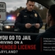 Maryland police officer conducting a traffic stop with flashing patrol lights while checking a driver’s license beside a “License Suspended MD” sign and blog headline about jail time for driving on a suspended license.