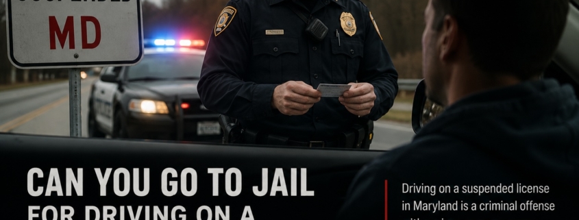 Maryland police officer conducting a traffic stop with flashing patrol lights while checking a driver’s license beside a “License Suspended MD” sign and blog headline about jail time for driving on a suspended license.