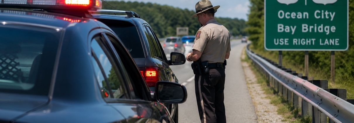 Maryland state trooper conducting a summer traffic stop on Route 50 near Route 301 with police lights flashing and Ocean City highway signs visible.