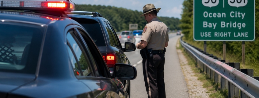 Maryland state trooper conducting a summer traffic stop on Route 50 near Route 301 with police lights flashing and Ocean City highway signs visible.