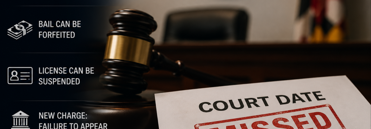 Court date notice stamped “MISSED” on a courtroom desk beside a judge’s gavel, illustrating the legal consequences of missing a court appearance in Maryland.