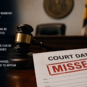 Court date notice stamped “MISSED” on a courtroom desk beside a judge’s gavel, illustrating the legal consequences of missing a court appearance in Maryland.
