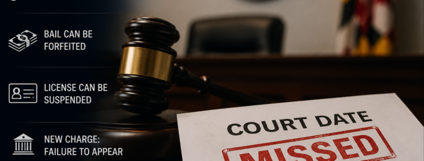 Court date notice stamped “MISSED” on a courtroom desk beside a judge’s gavel, illustrating the legal consequences of missing a court appearance in Maryland.