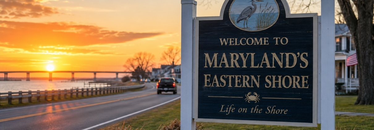 Welcome sign for Maryland’s Eastern Shore beside a coastal highway at sunset, symbolizing relocation and new resident legal considerations.