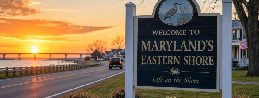 Welcome sign for Maryland’s Eastern Shore beside a coastal highway at sunset, symbolizing relocation and new resident legal considerations.