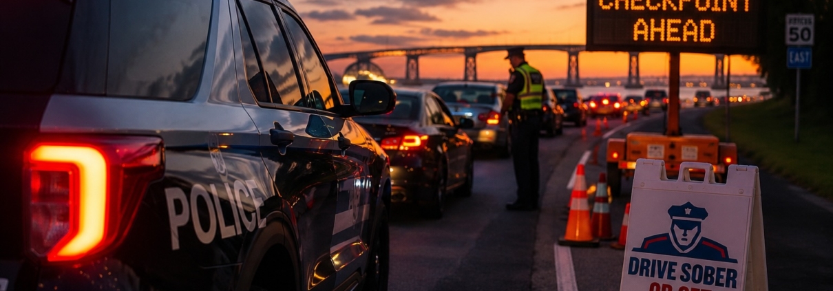 Maryland State Police officer conducting a Memorial Day weekend DUI checkpoint near the Chesapeake Bay Bridge at sunset on Maryland’s Eastern Shore.