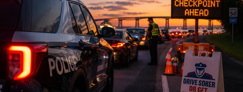 Maryland State Police officer conducting a Memorial Day weekend DUI checkpoint near the Chesapeake Bay Bridge at sunset on Maryland’s Eastern Shore.