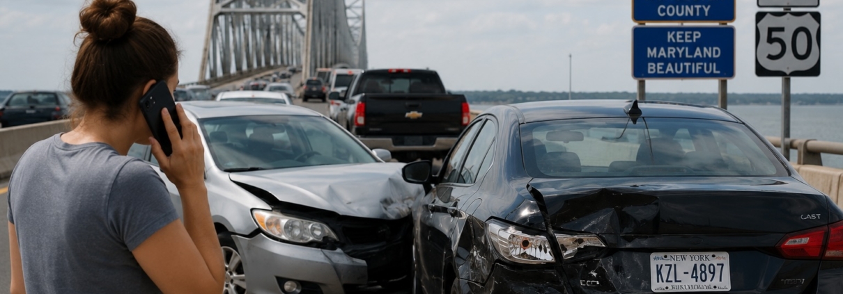 Traffic collision on Maryland’s Route 50 near the Chesapeake Bay Bridge involving an out-of-state vehicle, with damaged cars stopped on the roadway and a driver calling for assistance during heavy summer traffic.