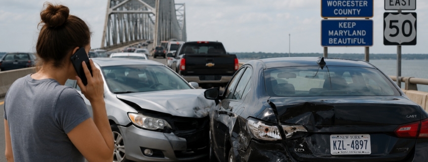 Traffic collision on Maryland’s Route 50 near the Chesapeake Bay Bridge involving an out-of-state vehicle, with damaged cars stopped on the roadway and a driver calling for assistance during heavy summer traffic.
