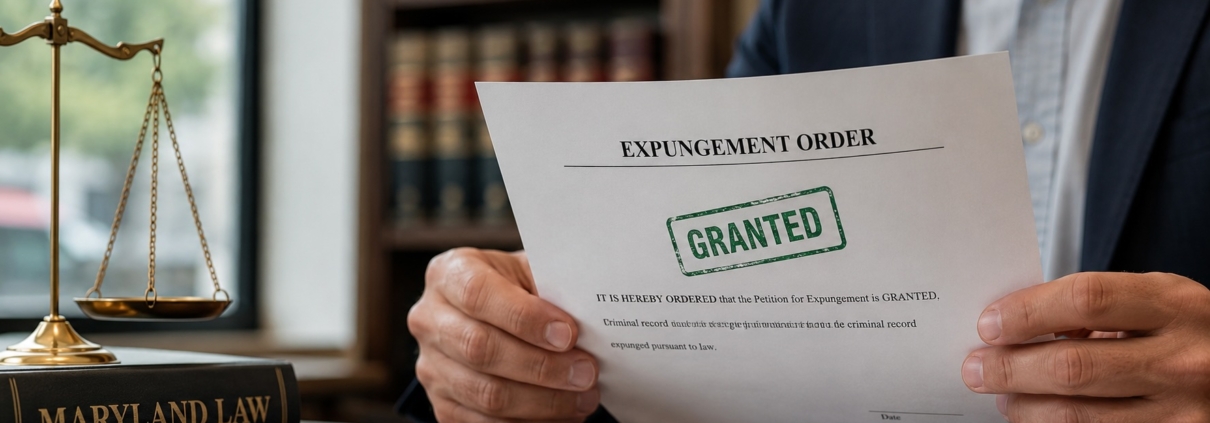 Person holding an approved expungement order in a Maryland law office, with legal books and scales of justice visible, symbolizing criminal record clearance and new employment opportunities.