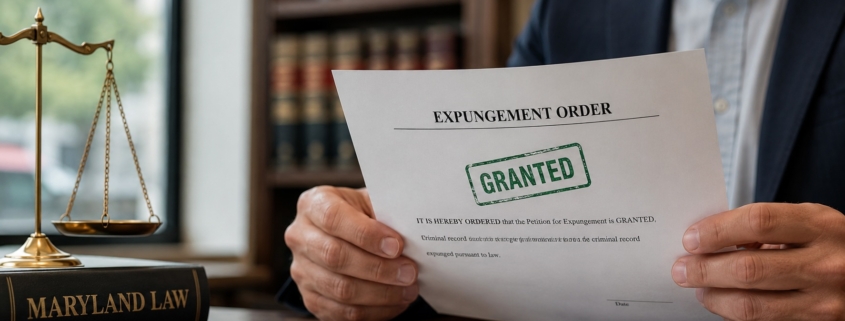Person holding an approved expungement order in a Maryland law office, with legal books and scales of justice visible, symbolizing criminal record clearance and new employment opportunities.