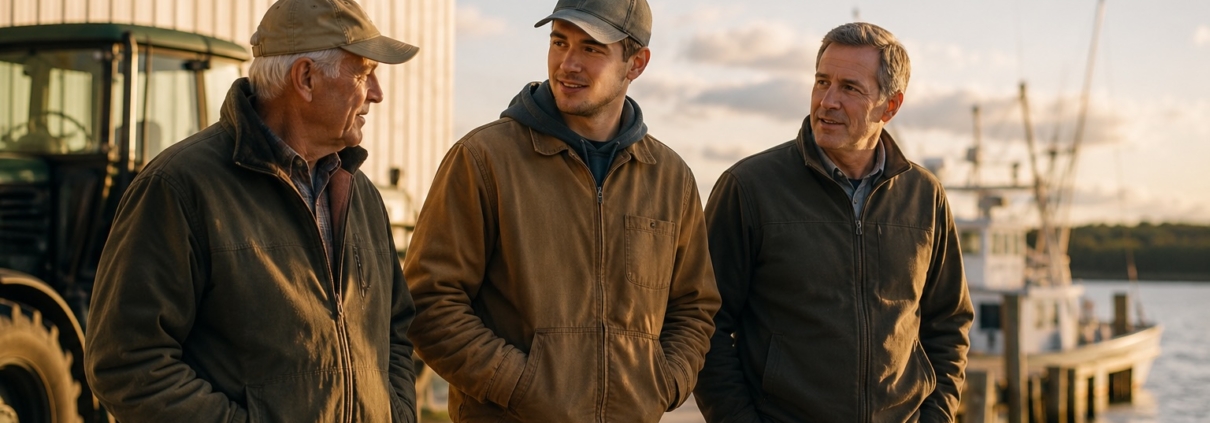 Three generations of a family walk together beside a working waterfront farm on Maryland's Eastern Shore, discussing the future of their family-owned land and business at sunset.