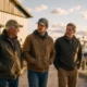 Three generations of a family walk together beside a working waterfront farm on Maryland's Eastern Shore, discussing the future of their family-owned land and business at sunset.
