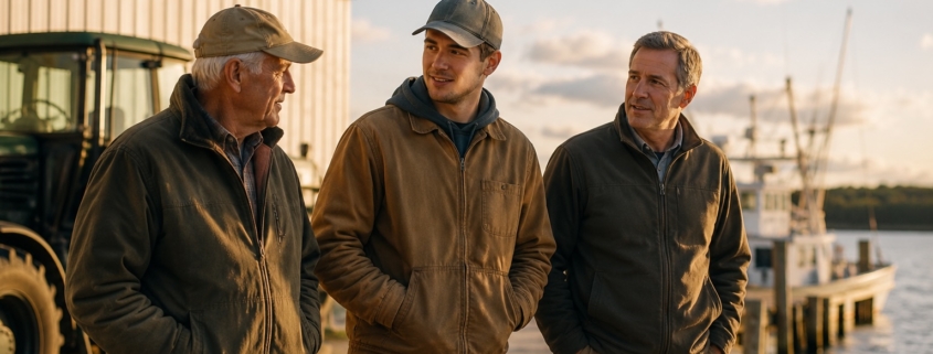 Three generations of a family walk together beside a working waterfront farm on Maryland's Eastern Shore, discussing the future of their family-owned land and business at sunset.
