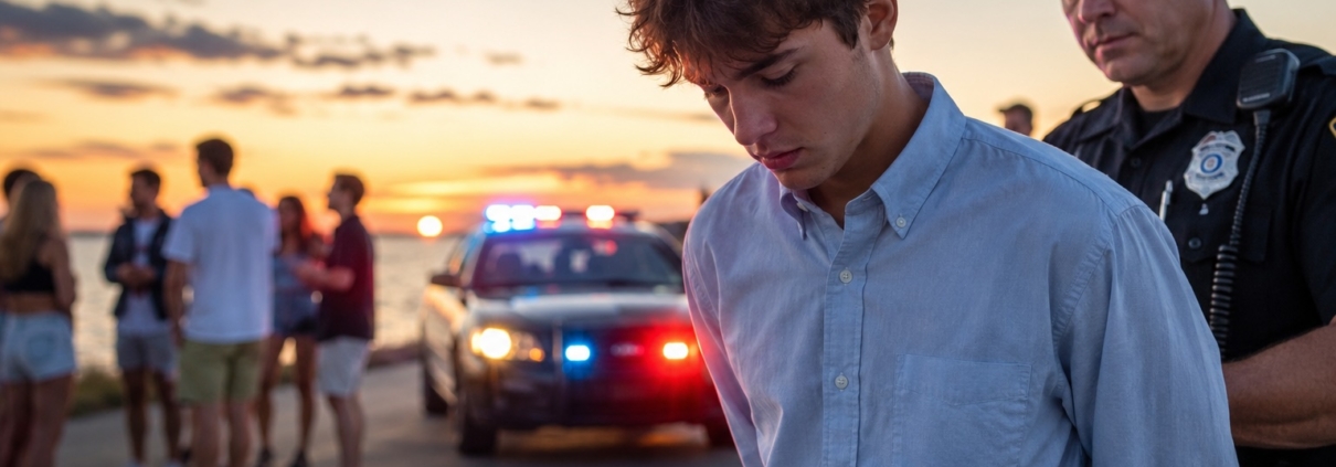 Maryland police officer detains a distressed young man near a patrol car with flashing lights at sunset as teens gather in the background after a summer celebration, illustrating the consequences of underage DUI.