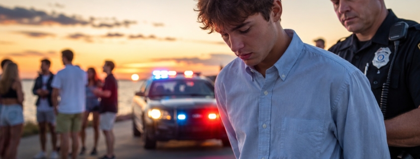 Maryland police officer detains a distressed young man near a patrol car with flashing lights at sunset as teens gather in the background after a summer celebration, illustrating the consequences of underage DUI.