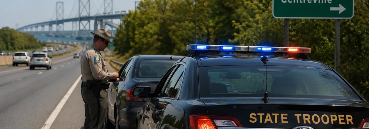 Maryland State Police officer conducting a traffic stop on Route 50 near Centreville with a highway sign for Routes 50 and 301 and the Chesapeake Bay Bridge visible in the distance.