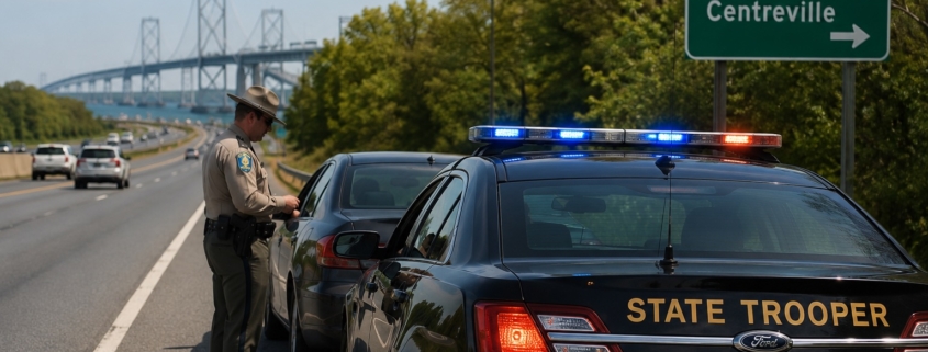 Maryland State Police officer conducting a traffic stop on Route 50 near Centreville with a highway sign for Routes 50 and 301 and the Chesapeake Bay Bridge visible in the distance.