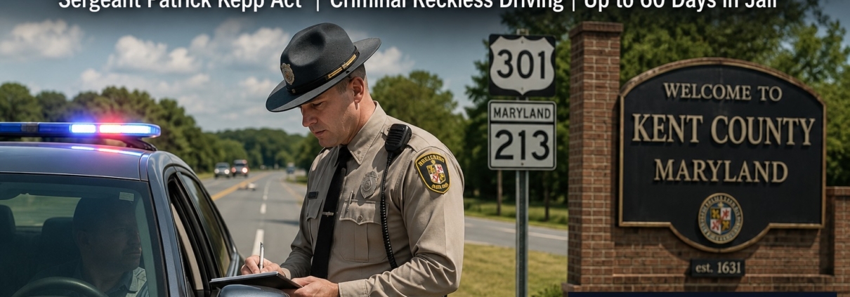 Maryland State Police officer issuing a speeding ticket on a rural highway in Kent County, highlighting Maryland's new criminal reckless driving law for speeds 30 mph or more over the limit.