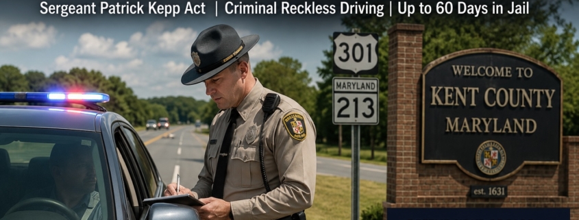 Maryland State Police officer issuing a speeding ticket on a rural highway in Kent County, highlighting Maryland's new criminal reckless driving law for speeds 30 mph or more over the limit.